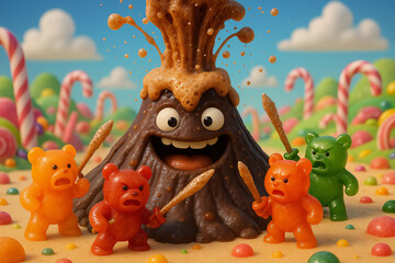 Fototapeta premium Two different 3D Funny cartoon scenes depicting Soda Volcano Eruption in Candyland