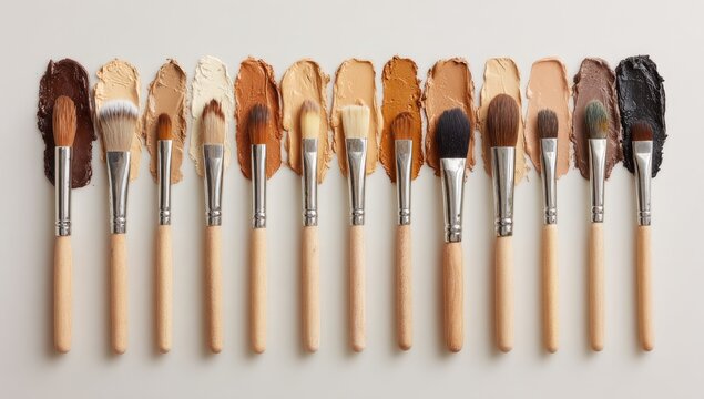 A row of makeup brushes displays various foundation shades, each with a dab of product on its bristles, against a light backdrop