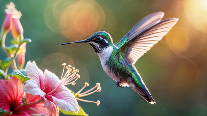 Fototapeta premium Vibrant hummingbird hovering near pink hibiscus flower. Golden hour lighting.