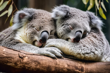 Obraz premium Two koalas peacefully sleeping on a tree branch surrounded by lush green foliage, embodying the essence of animal protection and conservation efforts