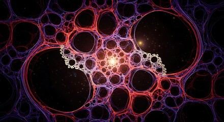 Vibrant fractal network glowing with cosmic energy, intricate cellular structure, abstract science background