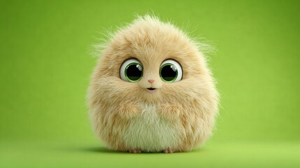 Obraz premium Cute fluffy yellow chick with big round sparkling eyes sitting on green grass, adorable cartoon animal character in a whimsical digital art illustration