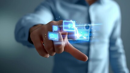 Hand reaching towards digital holographic interface displaying floating icons representing various technological functions. Contemporary setting with subtle blue tones