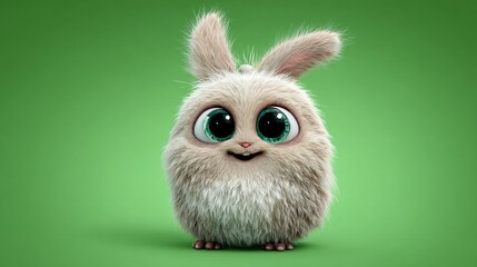 Cute fluffy bunny-like creature with big sparkling eyes and tall ears, standing on a vibrant green background in whimsical cartoon style digital art illustration