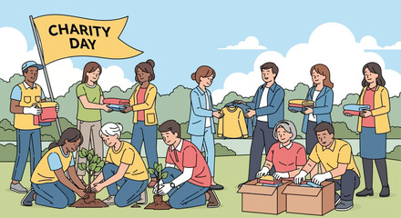 Vector scene of diverse volunteers planting trees and giving out clothes, cheerful faces, charity day flag in background