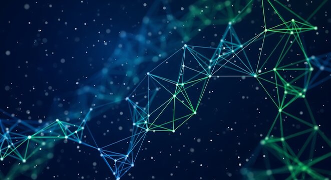 Dynamic network connections, digital data streams, and abstract technology patterns against a starry night sky.