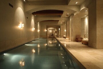 Long indoor swimming pool in elegant spa corridor with arched ceiling and warm ambient lighting reflecting off water