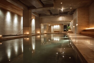 Obraz premium Luxurious indoor spa pool with reflective water and warm ambient lighting in modern architectural interior