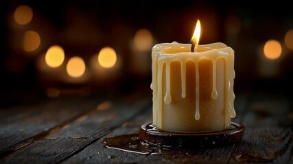 Close-up video of a single burning candle with melting wax on rustic wooden altar surface, soft warm lighting and bokeh background for meditation visuals, memorial tributes, and wellness content - Powered by Adobe