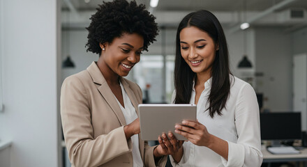 Two women smiling and looking at a tablet in a modern office setting. Suitable for technology, teamwork, collaboration, and officerelated concepts.