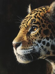 Obraz premium Close-up portrait of a majestic jaguar with striking golden eyes and beautifully patterned fur against a dark background
