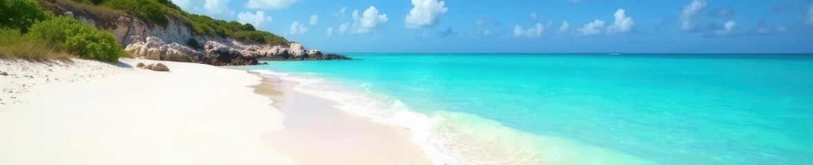 Fototapeta premium Turquoise water laps white sand beach at Long Bay, Anguilla , Caribbean Sea, Anguilla Island