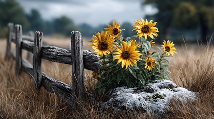 A patch of sunflowers beside a faded fence in summer.