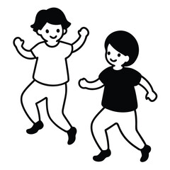 Two children dancing with arms raised on white background