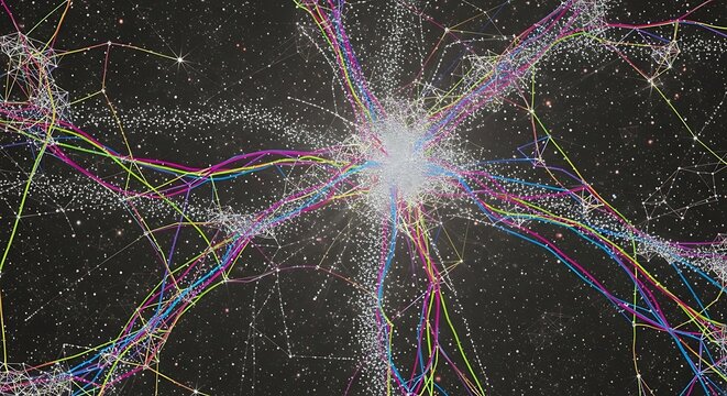 Vibrant neural network with colorful pathways connecting luminous nodes against a starry cosmic background