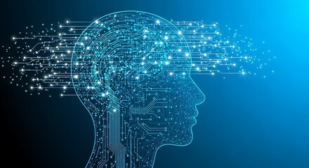 Futuristic AI brain concept with glowing circuits and data streams in a digital network