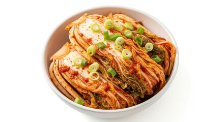 Napa cabbage kimchi with scallions isolated on white background