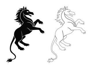 Stylized depiction of two rearing unicorns, one a black silhouette and the other a simple outline.