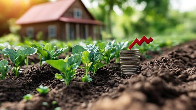 Coins stacked in soil with declining market trend, beside growing plants. - Powered by Adobe