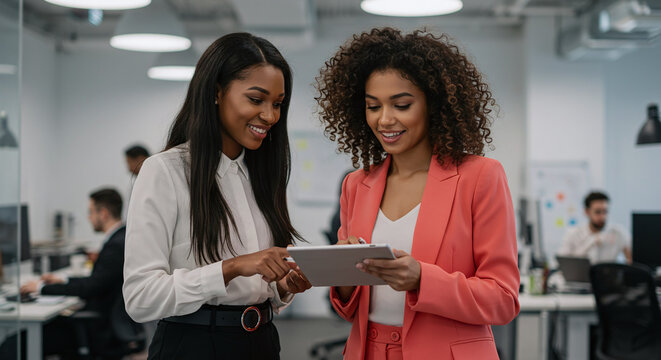 Two women reviewing tablet in creative office setting. Suitable for illustrating teamwork, technology, collaboration, office environment in modern workplaces.