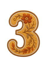 Embroidered Number Three with Floral Motifs in Warm Earth Tones, Artistic Craftsmanship