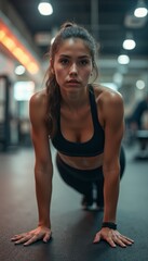 Fototapeta premium Focused woman in workout gear pushing herself during an intense exercise session