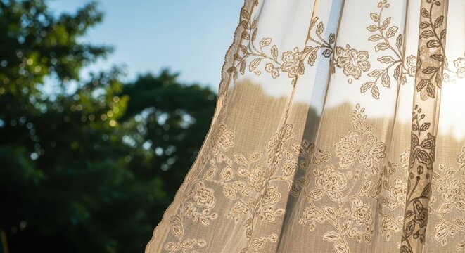 Sunlit Breeze and Delicate Lace: a close-up shot shows a lace curtain billowing gently in the sunlight, creating a soft, airy ambiance, inviting feelings of peace and tranquility. - Powered by Adobe
