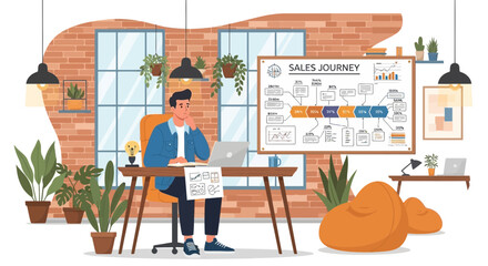 Man Analyzes Sales Journey Chart In Modern Home Office