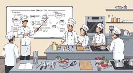 Cooking School Chefs Training In Modern Kitchen Setting