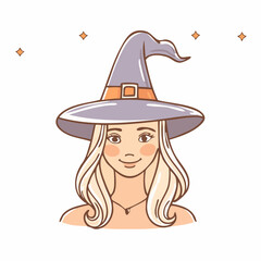 drawn halloween witch at witch hat icon in doodle style. Mark point icon design collection for halloween design element
