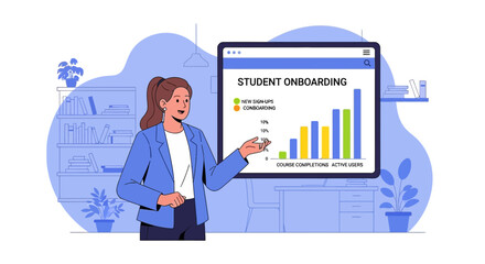 Woman Presenting Student Onboarding Performance Analysis In Virtual Meeting