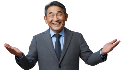 Senior smiling Asian businessman dressed in suit and arms outstretched, isolated on white or transparent background