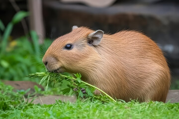 Fototapeta premium Capybara munching on fresh green grass in a lush garden setting, showcasing the animal's gentle nature and connection to wildlife conservation efforts
