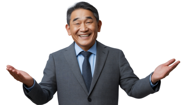 Senior smiling Asian businessman dressed in suit and arms outstretched, isolated on white or transparent background - Powered by Adobe