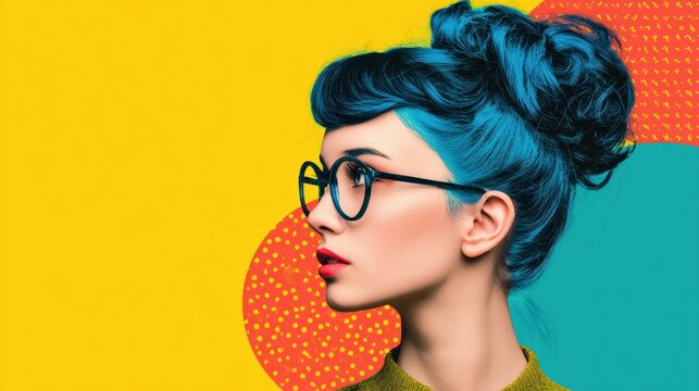 Vibrant 70s Retro Hairstyle With Bold Blue Color in a Pop Art Inspired Setting Featuring Bright Colors and Playful Patterns
