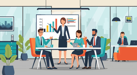 Corporate Presentation With Data Charts And Business Team Discussion