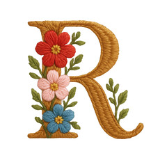 Embroidered Letter R Adorned with Delicate Red, Pink, and Blue Flowers and Green Leaves