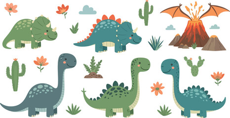 Delightful Dinosaur Adventure Cute Prehistoric Friends Amidst Volcanic Landscapes and Botanical Elements for Children's Decor