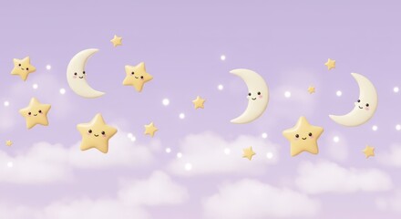 Cute Moon and Stars on Purple