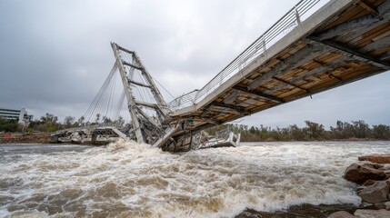 Fototapeta na wymiar Partially collapsed suspension bridge with twisted roadway hanging over raging muddy river, low angle view highlighting structural failure and rushing water