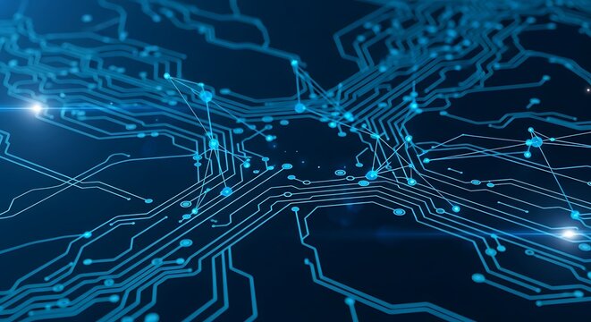 Digital network connecting data points across a modern circuit board for innovative technology solutions