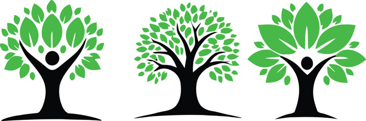 Fototapeta premium Vibrant Trio of Human-Tree Hybrid Logos Symbolizing Growth, Nature, and Community Harmony with Simple Design and Leafy Green Accents