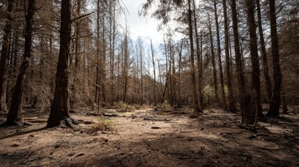 Low-angle view along forest path through tall pine trees in quiet woodland with dappled sunlight and earthy ground covered in fallen leaves