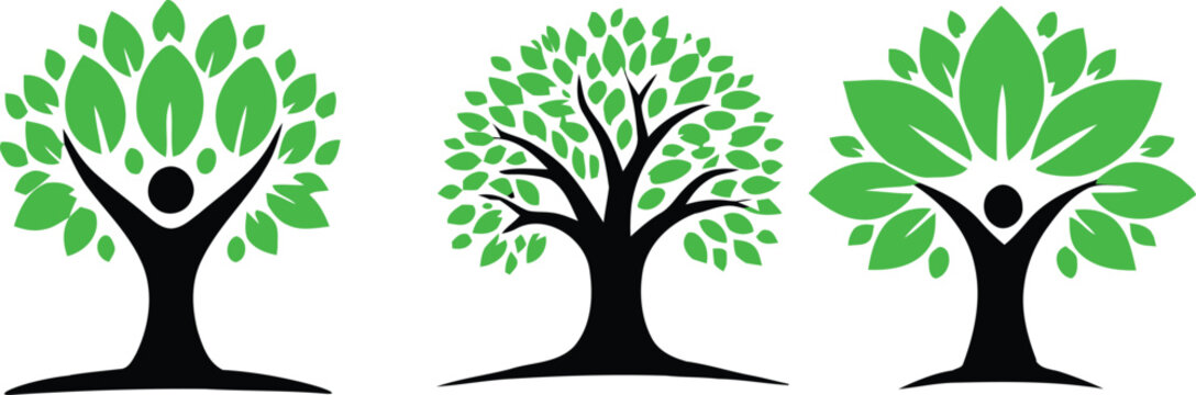 Vibrant Trio of Human-Tree Hybrid Logos Symbolizing Growth, Nature, and Community Harmony with Simple Design and Leafy Green Accents