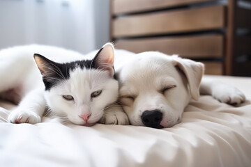 Fototapeta premium Adorable black and white cat snuggles with a sleeping puppy on a soft bed, showcasing the bond between different animal species in a cozy environment