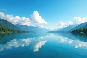 Naklejka premium Serene blue lake, tranquil surface reflecting sky, serenity, horizon