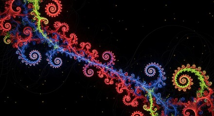 Mesmerizing fractal patterns glow with vibrant red, blue, and green on a dark cosmic background.