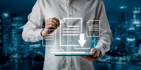 Visual representation of digital document downloading, showing file transfer, data access, and progress status for secure and efficient information retrieval Vouch