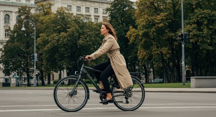Woman riding bicycle in a city park during a sunny day in autumn