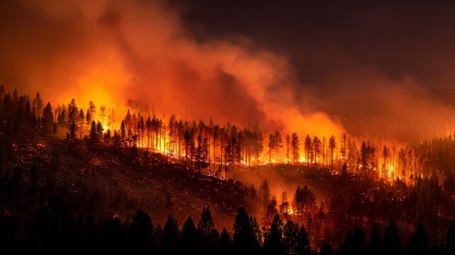 Line of wildfire burning across hillside forest creating glowing orange blaze and thick smoke against dark evening sky